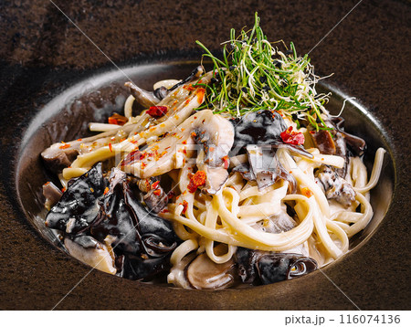 Exquisite asian noodle dish on elegant dark plate 116074136