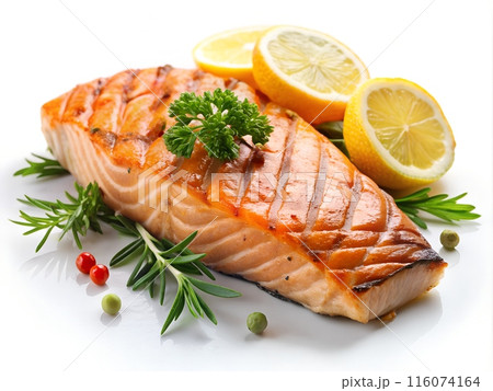 Grilled salmon fillet steak with salt pepper and herb on grill. Isolated on white background. Ai generated 116074164