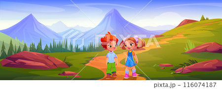 Boy with girl walk with mountain view cartoon 116074187