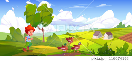 Boy and duck on hill bear countryside farm field 116074193