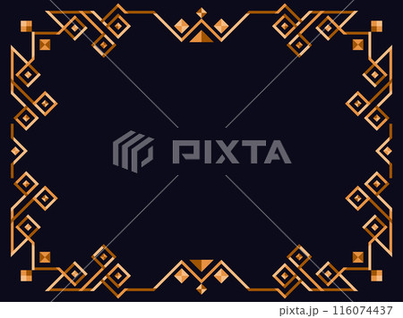 Frame in art deco style in gold color. Vintage linear border. Elegant vintage frame in minimalist style on a black background. Frame design for invitations, flyers and banners. Vector illustration 116074437