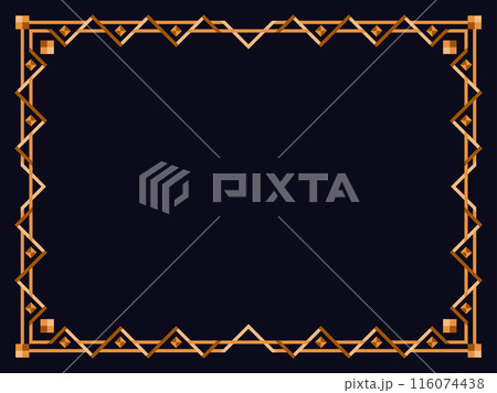 Frame in art deco style in gold color. Vintage linear border. Elegant vintage frame in minimalist style on a black background. Frame design for invitations, flyers and banners. Vector illustration Frame in art deco style in gold color. Vintage linear border. Elegant vintage frame in minimalist style on a black background. Frame design for invitations, flyers and banners. Vector illustration 116074438