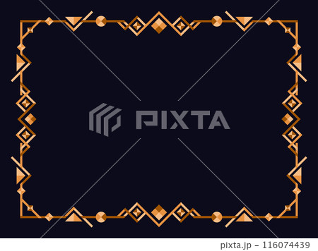 Frame in art deco style in gold color. Vintage linear border. Elegant vintage frame in minimalist style on a black background. Frame design for invitations, flyers and banners. Vector illustration 116074439