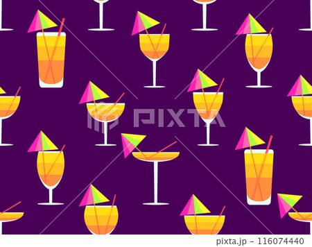 Glass with umbrella and straw seamless pattern. Multi-colored cocktail in a glass. Tropical striped cocktail in a glass with an umbrella and a straw. Design for banner and cover. Vector illustration 116074440