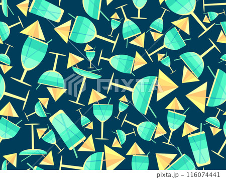 Glass with umbrella and straw seamless pattern. Multi-colored cocktail in a glass. Tropical striped cocktail in a glass with an umbrella and a straw. Design for banner and cover. Vector illustration 116074441