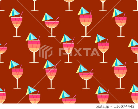 Glass with umbrella and straw seamless pattern. Multi-colored cocktail in a glass. Tropical striped cocktail in a glass with an umbrella and a straw. Design for banner and cover. Vector illustration 116074442