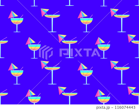 Glass with umbrella and straw seamless pattern. Multi-colored cocktail in a glass. Tropical striped cocktail in a glass with an umbrella and a straw. Design for banner and cover. Vector illustration Glass with umbrella and straw seamless pattern. Multi-colored cocktail in a glass. Tropical striped cocktail in a glass with an umbrella and a straw. Design for banner and cover. Vector illustration 116074443