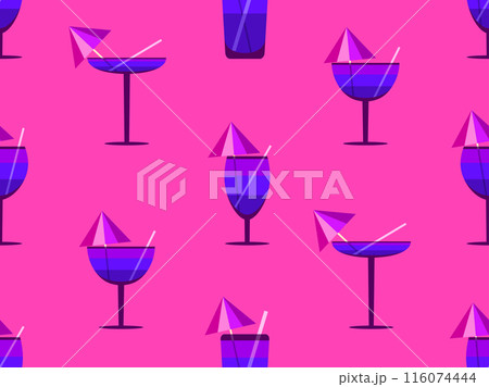 Glass with umbrella and straw seamless pattern. Multi-colored cocktail in a glass. Tropical striped cocktail in a glass with an umbrella and a straw. Design for banner and cover. Vector illustration 116074444