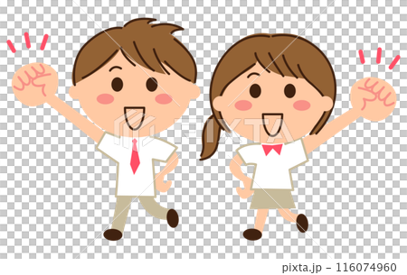 Male and female students in summer uniforms making a fist pump 116074960