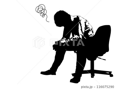 椅子に座って悩む疲れたビジネスマン男性のシルエット 全身横向きのイラスト 116075290