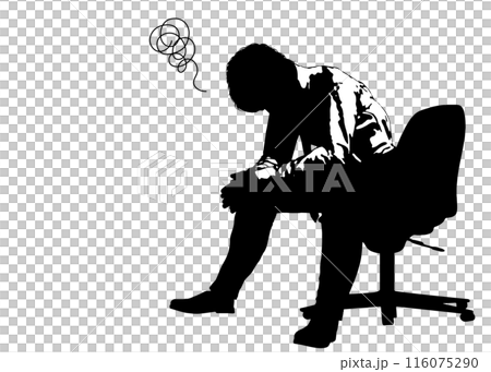 椅子に座って悩む疲れたビジネスマン男性のシルエット 全身横向きのイラスト 116075290