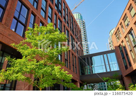 Modern urban architecture with brick buildings, lush green trees and glass sky bridge connecting structures under a clear blue sky 116075420