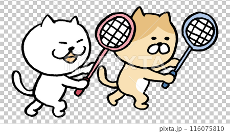 バドミントンをするかわいい猫のキャライラスト バドミントンをするかわいい猫のキャライラスト 116075810