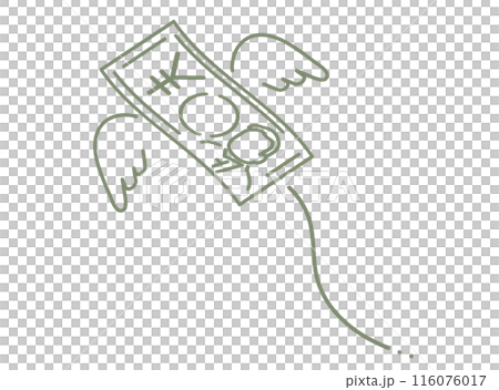 お金に羽が生えて飛んでいく線画イラスト お金に羽が生えて飛んでいく線画イラスト 116076017