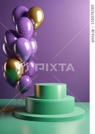 Happy birthday blank podium with lilac balloons and a celebratory atmosphere on a green background. Happy birthday blank podium with lilac balloons and a celebratory atmosphere on a green background. 116076160