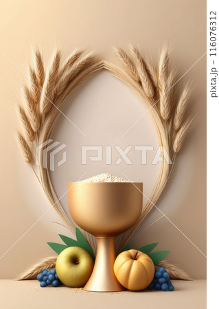 Jewish holiday of happy shavuot concept with fruits, wheat and milk. 116076312
