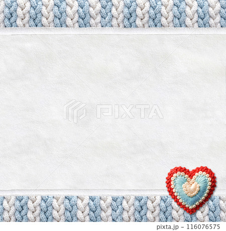 Vertical backdrop with suede texture, wool border with pigtailed ornament and felt heart. Christmas background with suede leather and plaited frame of light blue and white color. Copy space for text Vertical backdrop with suede texture, wool border with pigtailed ornament and felt heart. Christmas background with suede leather and plaited frame of light blue and white color. Copy space for text 116076575