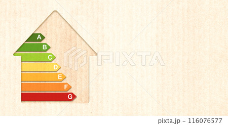 Energy efficiency chart on cardboard texture. Horizontal banner with eco paper texture and energy efficiency house symbol. Energy class, bio energetic and ecology concept. Copy space for text Energy efficiency chart on cardboard texture. Horizontal banner with eco paper texture and energy efficiency house symbol. Energy class, bio energetic and ecology concept. Copy space for text 116076577