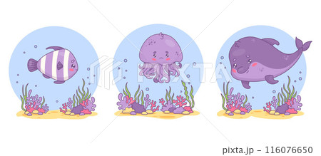 Underwater animals set. Cute dolphin, striped fish and jellyfish with sandy bottom with algae and corals. Isolated undersea funny cartoon kawaii character. Vector illustration. 116076650