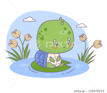 Cuteness turtle sitting on leaf on lake with flowers. Funny little cartoon kawaii character animal. Vector illustration. Kids collection. Cuteness turtle sitting on leaf on lake with flowers. Funny little cartoon kawaii character animal. Vector illustration. Kids collection. 116076653