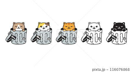 cat vector kitten rubbish bin garbage trash can icon calico neko pet cartoon character munchkin illustration symbol clip art isolated design 116076868