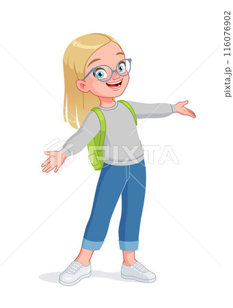 Little girl in eyeglasses greeting with wide open arms. Cartoon vector illustration. 116076902