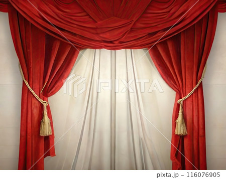 Curtain with red drapery and gold edging on the empty wall in the theater 116076905