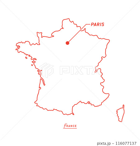 シンプルなフランスの白地図 - 首都パリの位置をマークした線画マップ 116077137