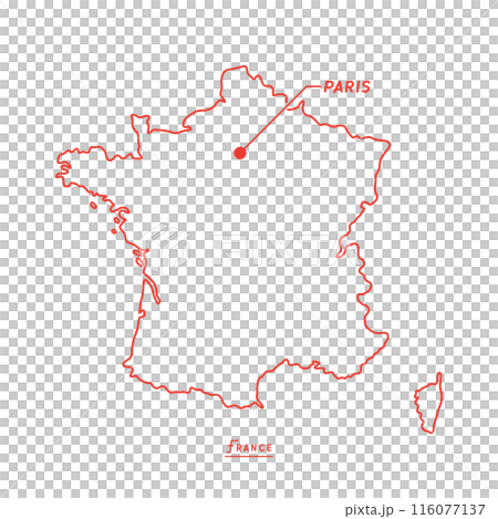 シンプルなフランスの白地図 - 首都パリの位置をマークした線画マップ 116077137