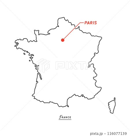 シンプルなフランスの白地図 - 首都パリの位置をマークした線画マップ 116077139