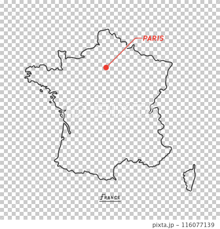 Simple blank map of France - Line drawing map with the location of the capital Paris marked 116077139