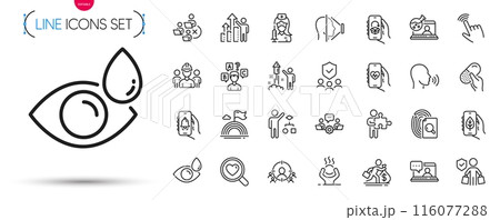 Pack of Algorithm, Remove team and Business targeting line icons. Include Difficult stress, Capsule pill, Ecology app pictogram icons. Face id, Teamwork, Health app signs. Eye drops. Vector 116077288