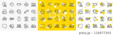 Outline Timer, Like and Education idea line icons pack for web with Handshake, Sleep, Swipe up line icon. Delivery warning, Delivery truck, Medical syringe pictogram icon. Vector Outline Timer, Like and Education idea line icons pack for web with Handshake, Sleep, Swipe up line icon. Delivery warning, Delivery truck, Medical syringe pictogram icon. Vector 116077303