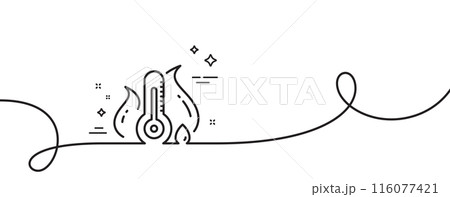 Fever temperature line icon. Continuous one line with curl. Thermometer sign. Sick illness symbol. Fever temperature single outline ribbon. Loop curve pattern. Vector 116077421
