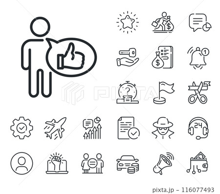 Thumbs up sign. Salaryman, gender equality and alert bell outline icons. Like line icon. Positive feedback, social media symbol. Like line sign. Spy or profile placeholder icon. Vector 116077493