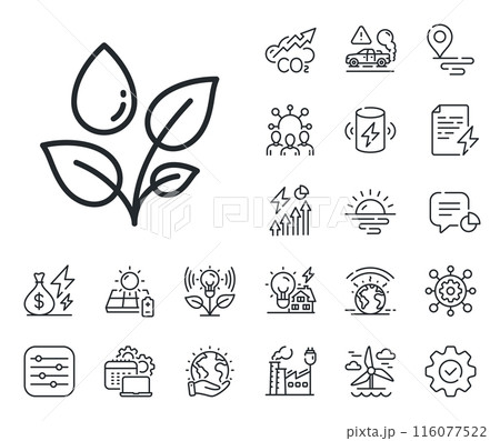 Leaves dew sign. Energy, Co2 exhaust and solar panel outline icons. Plants watering line icon. Environmental care symbol. Plants watering line sign. Eco electric or wind power icon. Vector Leaves dew sign. Energy, Co2 exhaust and solar panel outline icons. Plants watering line icon. Environmental care symbol. Plants watering line sign. Eco electric or wind power icon. Vector 116077522