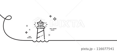 Lighthouse line icon. Continuous one line with curl. Searchlight tower sign. Beacon symbol. Lighthouse single outline ribbon. Loop curve pattern. Vector 116077541