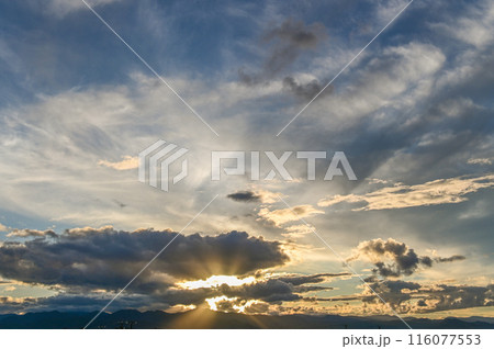 Beautiful Panoramic View of colorful cloudscape with blue Sky in Background during a sunny winter sunset. 116077553