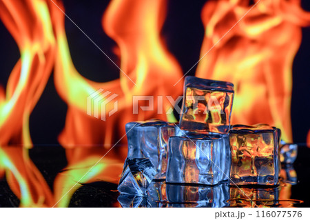 ice cubes against the background of fire, fire and ice, 3 ice cubes against the background of fire, fire and ice, 3 116077576