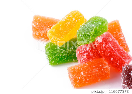 Sweet delicious multi-colored marmalade or jelly candies assorted in sugar sprinkles with fruit and berry flavor on a white background. Sweet delicious multi-colored marmalade or jelly candies assorted in sugar sprinkles with fruit and berry flavor on a white background. 116077578