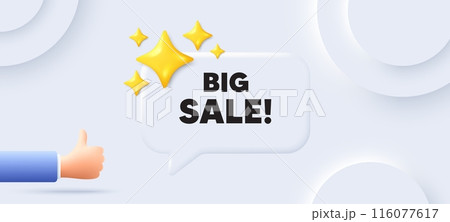 Big Sale tag. Neumorphic background with chat speech bubble. Special offer price sign. Advertising Discounts symbol. Big sale speech message. Banner with like hand. Vector 116077617