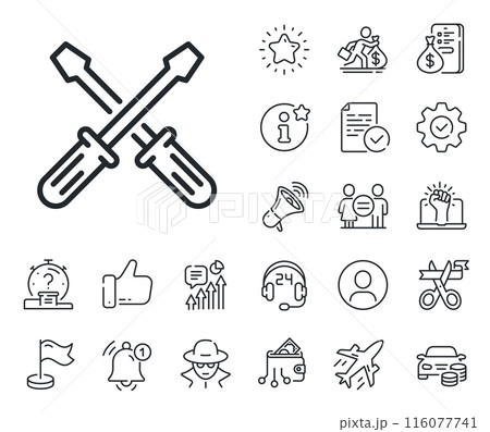 Repair service sign. Salaryman, gender equality and alert bell outline icons. Screwdriver line icon. Fix instruments symbol. Screwdriverl line sign. Spy or profile placeholder icon. Vector 116077741