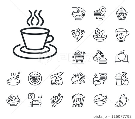 Hot drink sign. Crepe, sweet popcorn and salad outline icons. Tea or Coffee line icon. Fresh beverage symbol. Tea cup line sign. Pasta spaghetti, fresh juice icon. Supply chain. Vector 116077792