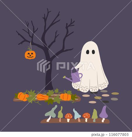 Halloween garden vector illustration. Cute ghost holding watering can, autumn vegetable patch with pumpkins and toadstool mushrooms, spooky tree with carved jack-o-lantern. Scary holiday night scene 116077803