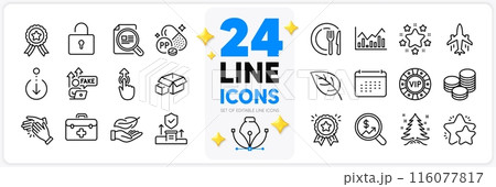 Icons set of Star, Winner ribbon and Lock line icons pack for app with Clapping hands, Scroll down, Dish thin outline icon. Fake internet, Infochart, Plane pictogram. Loyalty award. Vector 116077817