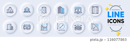 Circle area, Buildings and Factory line icons for web app. Pack of Market buyer, Open door, Triangle area pictogram icons. Court building, Skyscraper buildings, Inspect signs. Vector Circle area, Buildings and Factory line icons for web app. Pack of Market buyer, Open door, Triangle area pictogram icons. Court building, Skyscraper buildings, Inspect signs. Vector 116077863