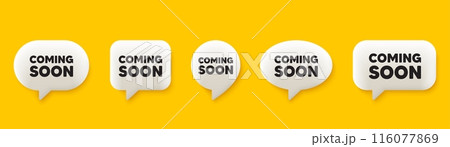 Coming soon tag. 3d chat speech bubbles set. Promotion banner sign. New product release symbol. Coming soon talk speech message. Talk box infographics. Vector Coming soon tag. 3d chat speech bubbles set. Promotion banner sign. New product release symbol. Coming soon talk speech message. Talk box infographics. Vector 116077869