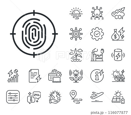 Finger print target sign. Energy, Co2 exhaust and solar panel outline icons. Fingerprint line icon. Biometric identity symbol. Fingerprint line sign. Eco electric or wind power icon. Vector 116077877
