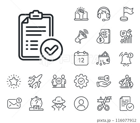 Accepted document sign. Salaryman, gender equality and alert bell outline icons. Approved report line icon. Verification symbol. Approved report line sign. Spy or profile placeholder icon. Vector Accepted document sign. Salaryman, gender equality and alert bell outline icons. Approved report line icon. Verification symbol. Approved report line sign. Spy or profile placeholder icon. Vector 116077912