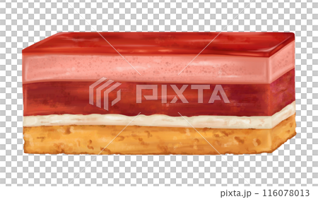 A piece of pie in the cut. Cake with layers of sponge cake, mousse, jam and cream. Sweet juicy strawberry dessert from the pastry shop. Delicious pastry for the holidays. Isolated digital illustration 116078013
